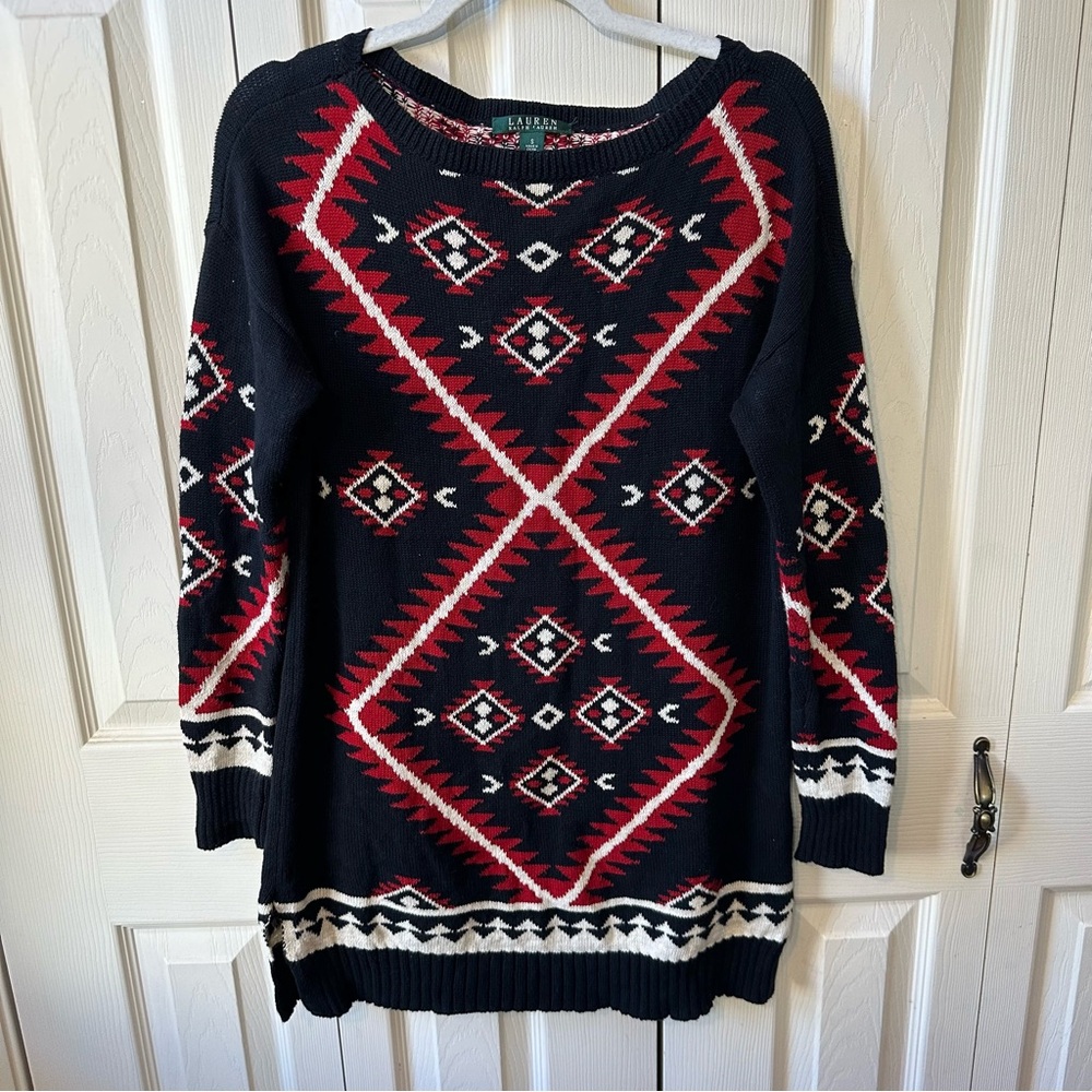 Lauren Ralph Lauren Cotton Knit Aztec Western Sweater Dress Womens Size Small